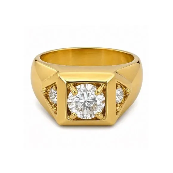 Vintage 1970s Ring Size 9 CZ Square Prong Set Gold Plated Band - 14O