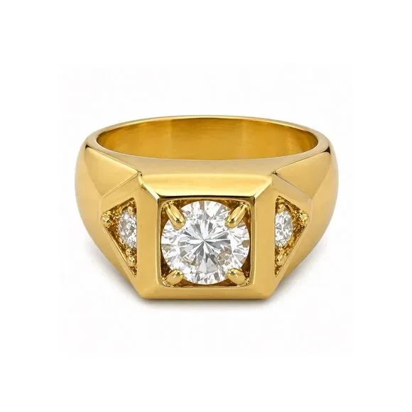 Vintage 1970s Ring Size 10 CZ Square Prong Set Gold Plated Band - 14O