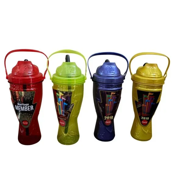 Six Flags reusable‎ water bottle drink cups refillable - Set of 4