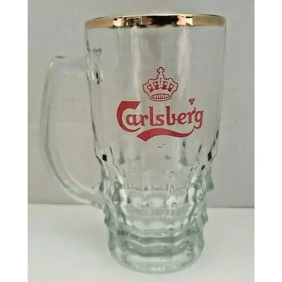 Vintage 1960's Carlsberg Beer Red Crown Logo Mug / Glass‎ w/ Gold Rim U205