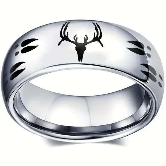 Fashionable Titanium Ring with Deer Head and Track Design Silver Color Size 6