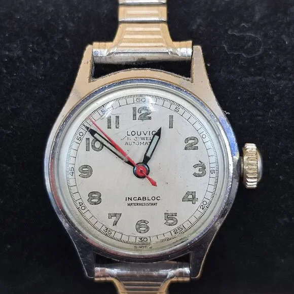 LOUVIC 17 Jewel Manual Wind Vtg Military Watch On Speidel 10k GF Band Runs Great