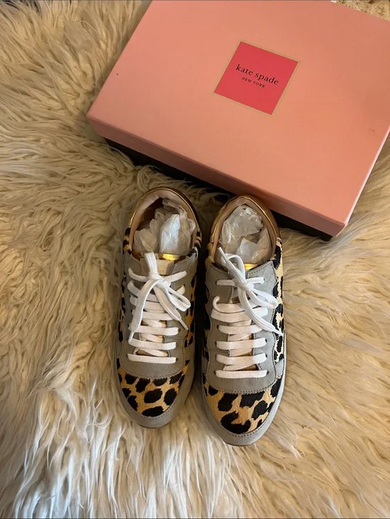 NWT Kate Spade Leopard-Print Low-Top Sneakers in Tan, Black & White Size 7.5