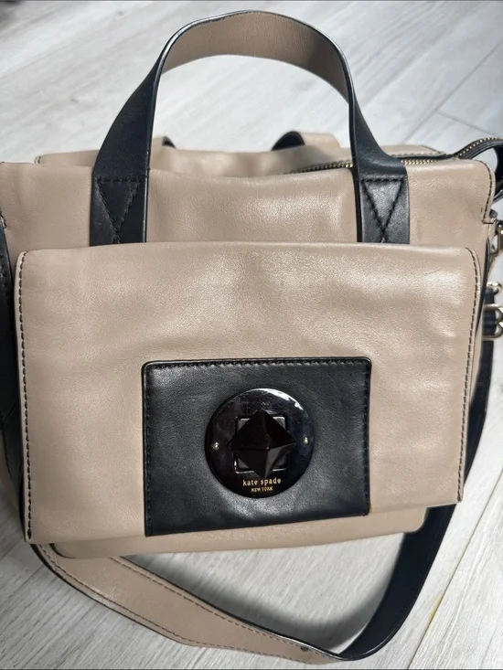 kate spade Taupe and Black Leather Satchel with Front Emblem