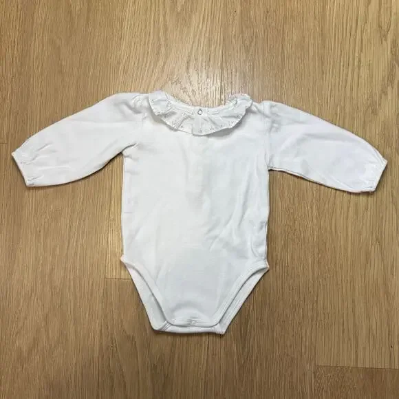Bout'chou Baby White Long-Sleeve Ruffled Collar Bodysuit Size 12 Months