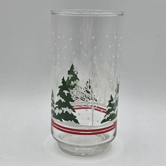 Libby Holiday Snowy Winter Wonderland Pine Tree Scene‎ Drinking Glass Vtg