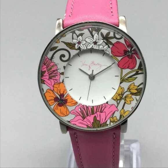 Vera Bradley Womens Watch 35mm White Dial Floral Leather Strap New Battery
