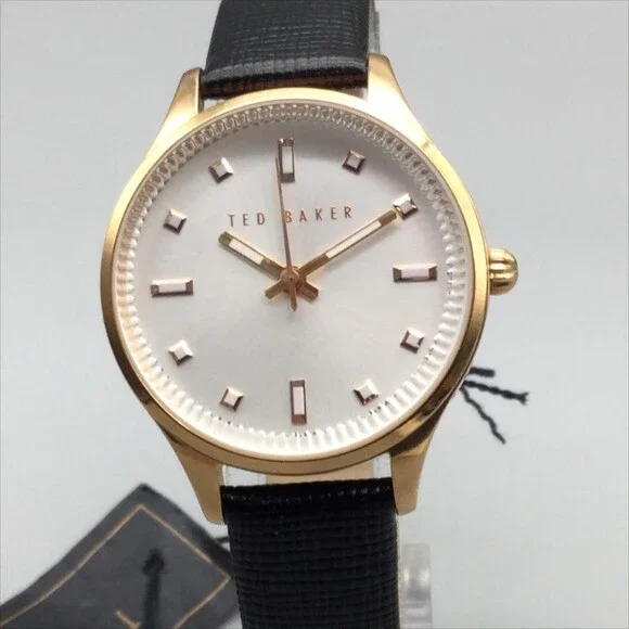 Ted Baker Womens Watch 32mm White Dial Rose Gold Tone Black Leather New Battery