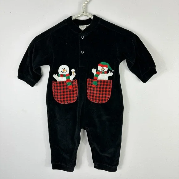 Vintage Mandal Bay Baby One Piece 6M Romper Black Velour Snowman‎ Christmas