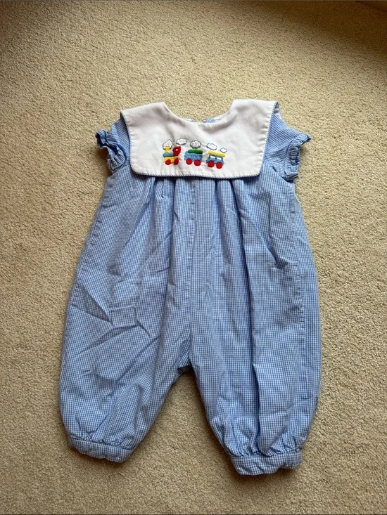 Cecil and Lou Blue Gingham Train-Embroidered Long Bubble