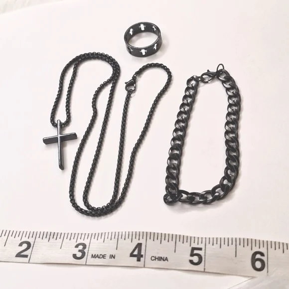 Cross Necklace, Cross Ring, and Bracelet Men's Matching Set (new)