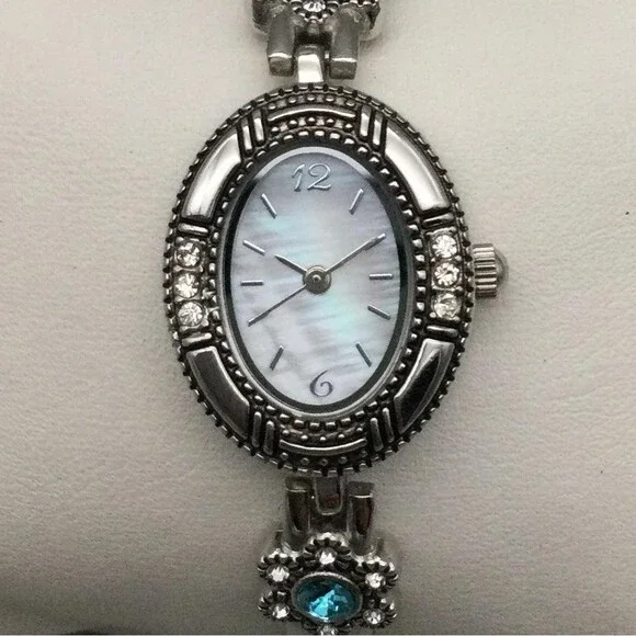 Womens Watch 19mm Silver Tone Oval White MOP Bracelet Gemmed New Battery 7.75