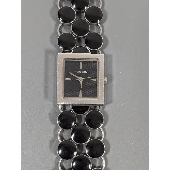 Fossil Black‎ Enamel Watch Womens Silver Tone Bracelet Working