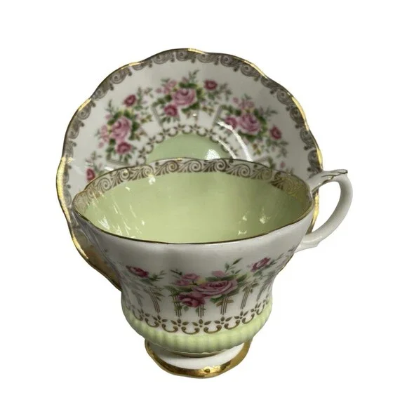 Royal Albert Green Park Series Teacup Saucer Set England Mint Pink Rose 14k Gold