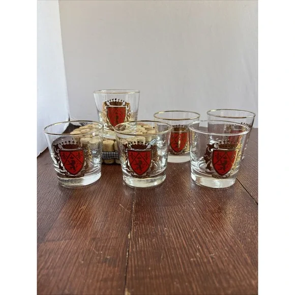 (6) Vtg Libbey Whiskey Rocks Glass Heraldy‎ Crown Lion Fleur De Lis Coat Of Arms
