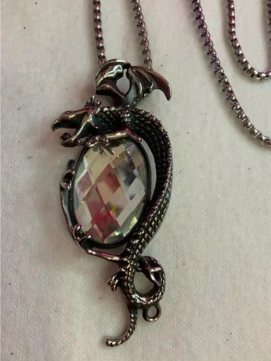 Dragon Crystal Pendant Necklace - Stainless Steel with Large Crystal (Z-2)