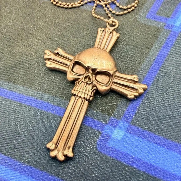 Gothic Skull Cross Hidden Knife Dagger Pendant Necklace Bronze Ball Chain