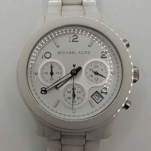Michael Kors MK5161 Women's Runway White Ceramic Chronograph Watch NEW BATTERY