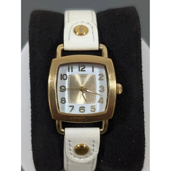 Ecclissi Womens White Leather Watch Gold Tone Square Minimalist‎ 7