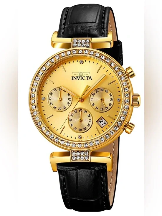 Invicta Celestial Gold Crystal Chronograph Women's Watch with Black Strap 38mm