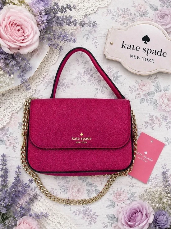 Kate Spade New York Pink Glitter Crossbody Shoulder Bag with Gold Chain Strap