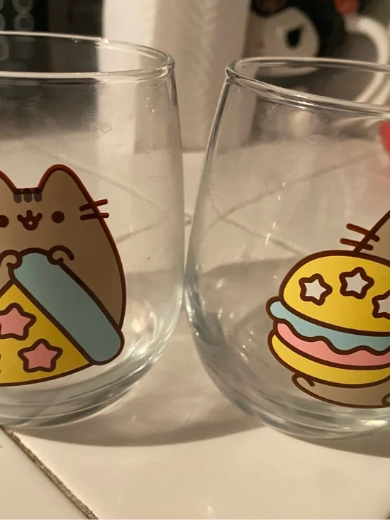 Pusheen Clear Glasses with Yellow, Blue and Pink Snack Art (Set of 2)