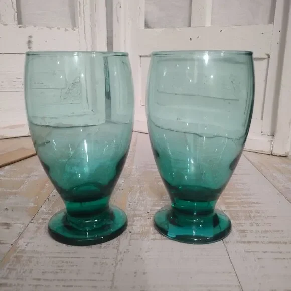 Modern Retro Cristar Lexington Turquoise Blue Green Pedestal Water Glasses NOS