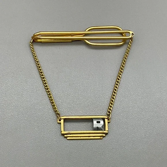 Swank Tie Clip Vintage Gold Tone Initial R Letter Charm Safety Chain Tie Bar