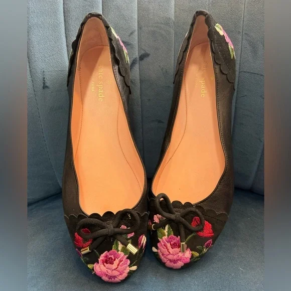 Kate Spade Embroidered Ballet Flats Black Floral Size 8