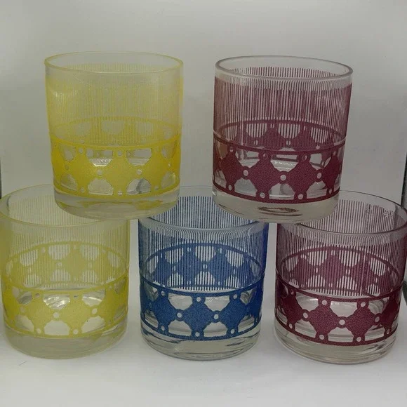 5 Vintage‎ Mid Century Old Fashioned Glasses Rocks Bourbon MCM Pink Blue Yellow