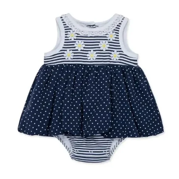 NWT Little Me Navy and White Sunsuit with Daisy Charm ~3-6M