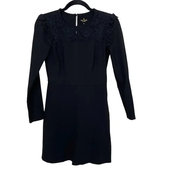 Kate Spade Lace Yoke Ponte Long Sleeve Dress Black XSmall XS Keyhole Back