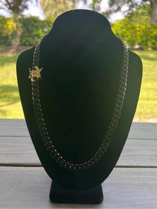 10mm Black Miami Cuban Link Necklace with 14k Gold Plated Lock 24” long