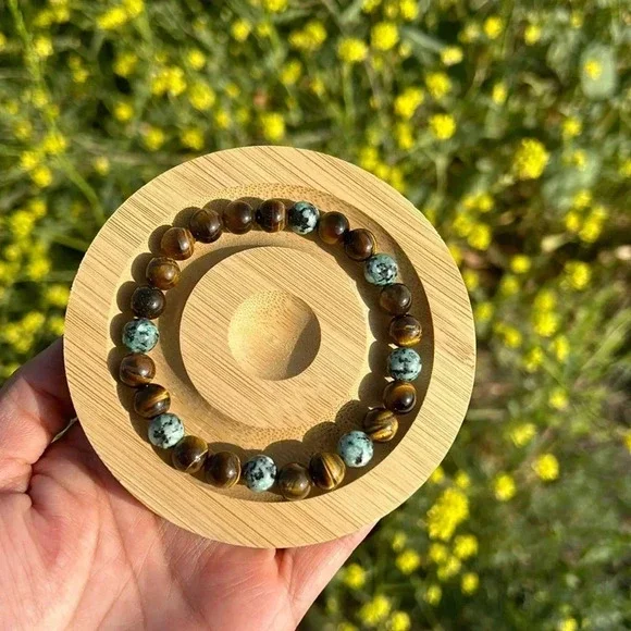 Handmade Unisex African turquoise + tigers eye beaded bracelet