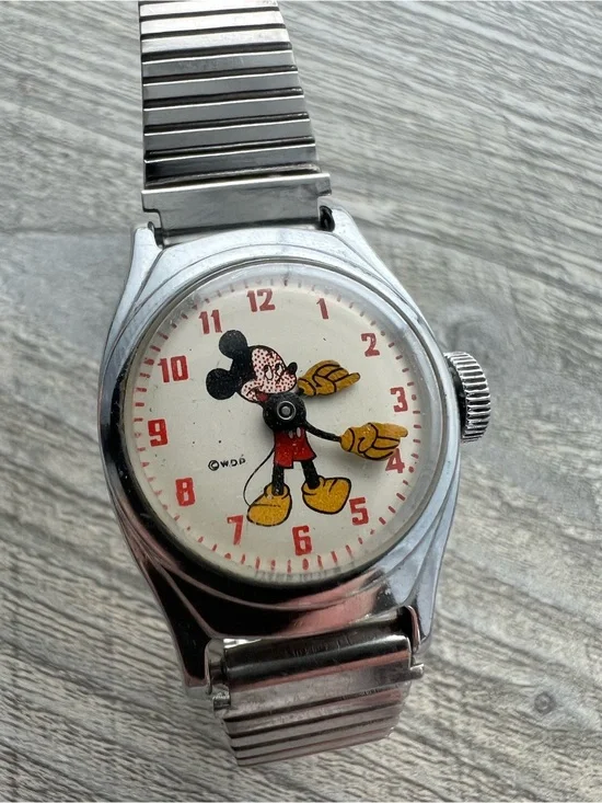 Vintage Mickey Mouse Wristwatch - White Dial, Yellow & Red Accents