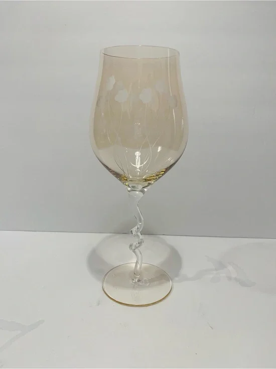 Vintage Stimus Romania Large Iridescent Etched Wine Glass 10-3/4”
