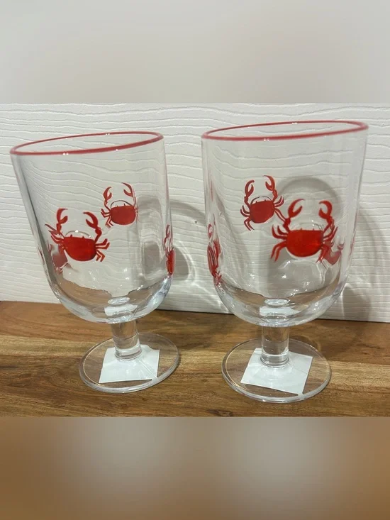 NEW Set of 2 Coastal Red Crab Stemmed Drinking Glasses Goblet 6” Hobby Lobby
