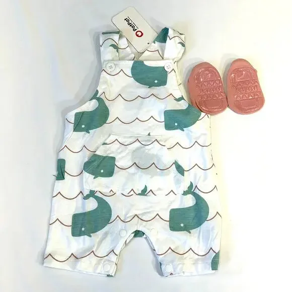 PatPat Baby Unisex Whale Print Romper Shorts 3-6M NWT w/Non-Slip Socks -F444B