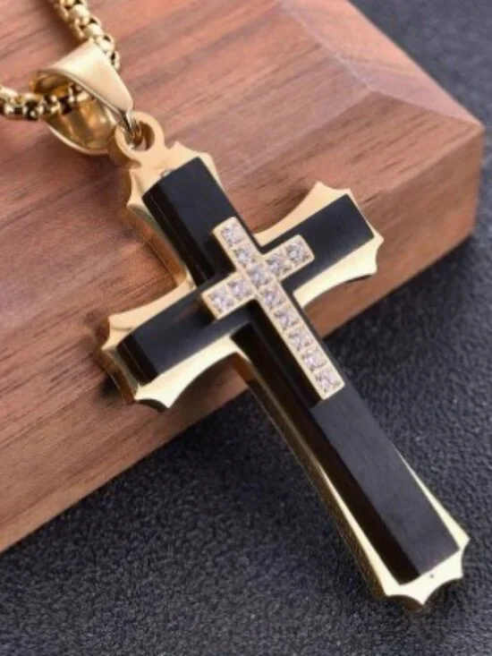 202 Stainless Steel Multi-Layer Cross Pendant Necklace Black Enamel & CZ Stones