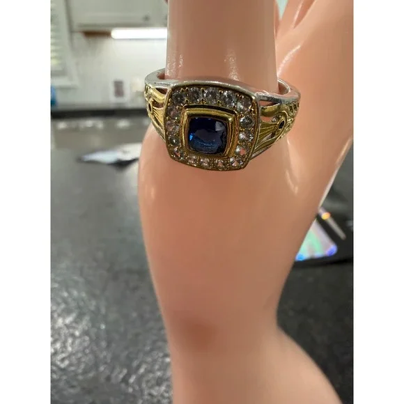 Two Tone Simulated Sapphire Rhinestone Halo Fashion Ring Silver Gold Size 11.5