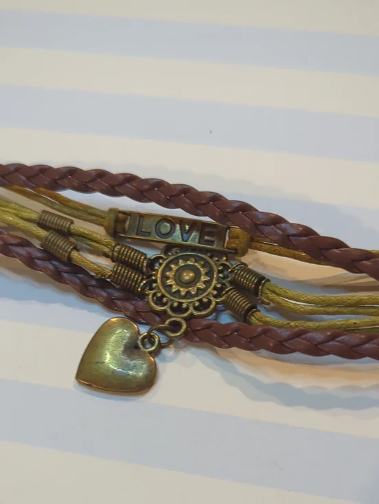 Brown Love Mandala Heart Braided Adjustable Bracelet Boho Stacking Stackable