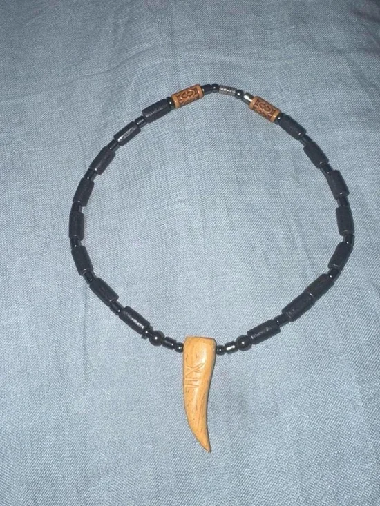 Men's Black Beaded Necklace with Carved Brown Tooth Pendant