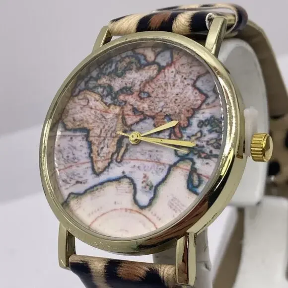 Womens Gold Tone Cheetah World Map Watch New Battery