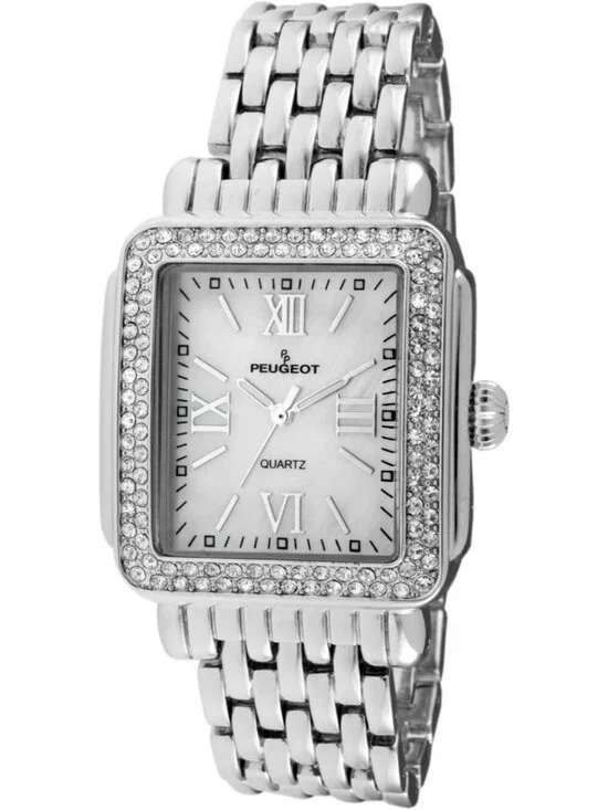 Women's Silver Analog Rectangle Crystal Decorated Bezel Numerals Bracelet Watch