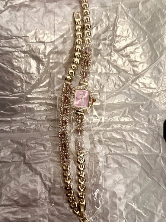 Gold-tone Pink Crystal Bracelet Watch Set