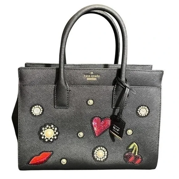 Kate Spade Satchel Bag Womens Medium Black Embellished Saffiano Leather R+F‎