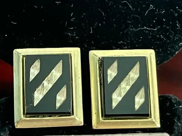 VTG Black Onyx Rhinestone Gold Tone Cufflinks Retro MCM
