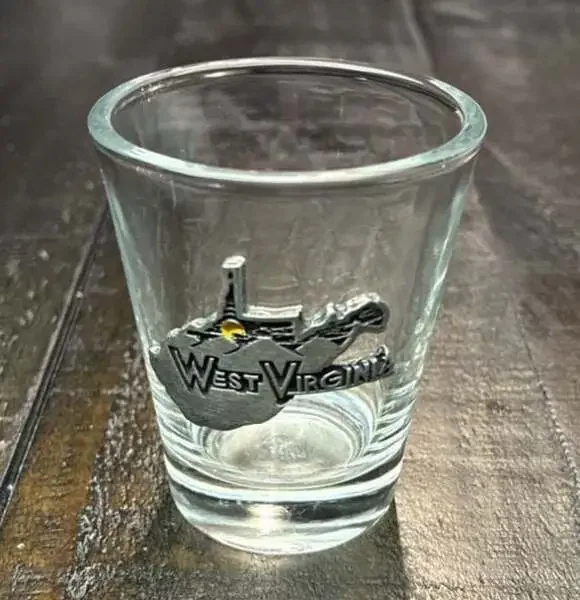 West Virginia State Souvenir Shot Glass with Pewter Mountain State Emblem