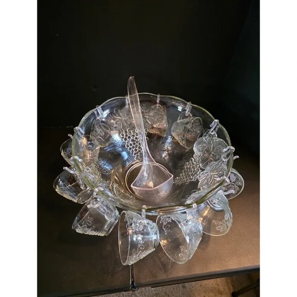 Vintage 1960's Anchor Hocking Glass Punch Bowl with 12 Cups Grape Leaf Pattern