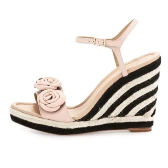 Kate Spade Jill Pink Puff Leather‎ Rosette Black White Woven Raffia Wedges Sz 10